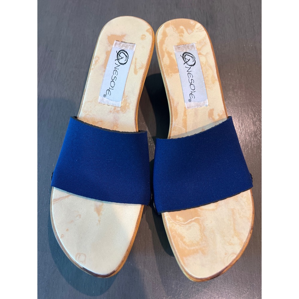 Onesole Navy Blue Interchangeable Wedge Sandals Faux Cork Platform Slides Womens